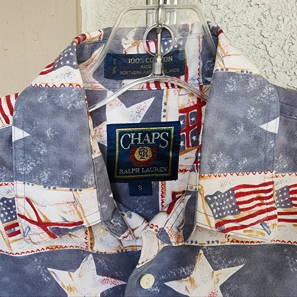 SMALL men Chaps RALPH LAUREN American Flag patriotic button short sleeve shirt - Picture 3 of 15
